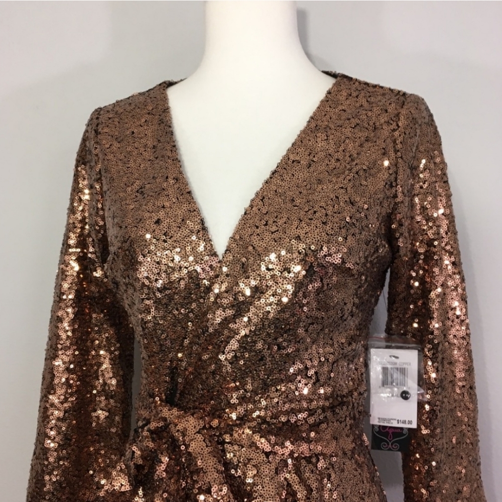NWT Aqua Copper Sequin Wrap Dress w Waist Tie - Picture 3 of 5